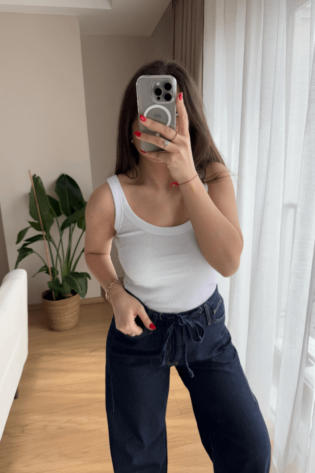 %95 Pamuk Massi Beyaz Oyuk Yaka Fitilli Atlet