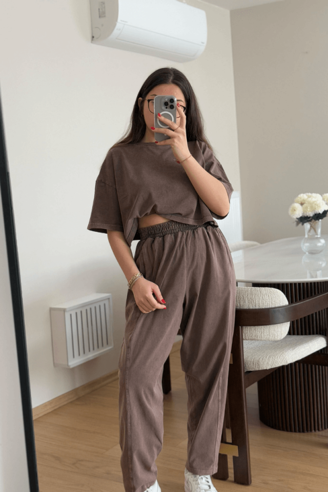 Kahverengi Yıkamalı Kısa Kollu Eşofman Takımı