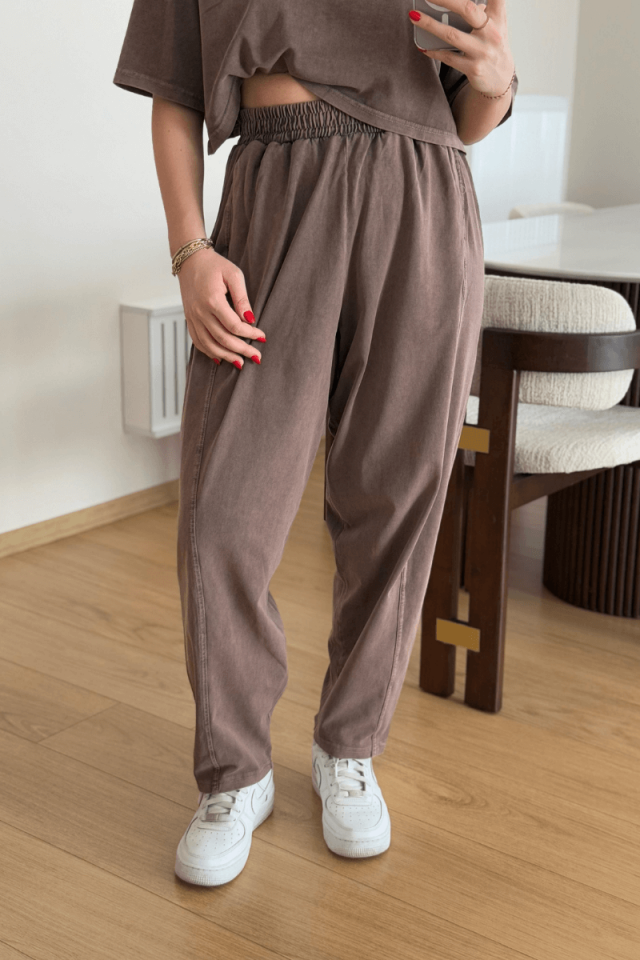 Kahverengi Yıkamalı Kısa Kollu Eşofman Takımı