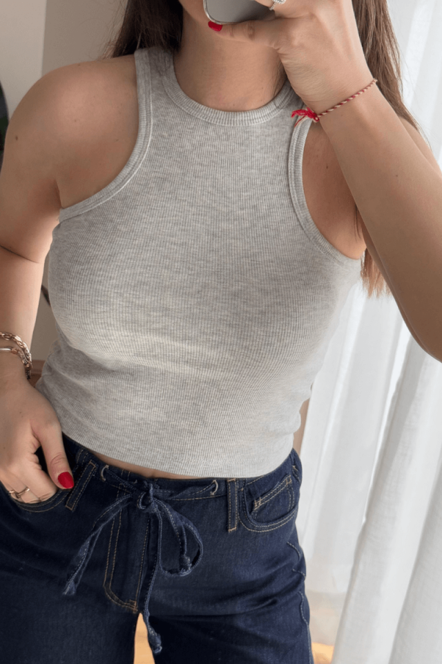 %100 Pamuk Gri Halter Yaka Fitilli Atlet