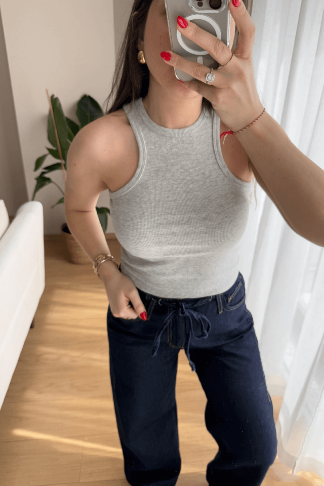 %100 Pamuk Gri Halter Yaka Fitilli Atlet