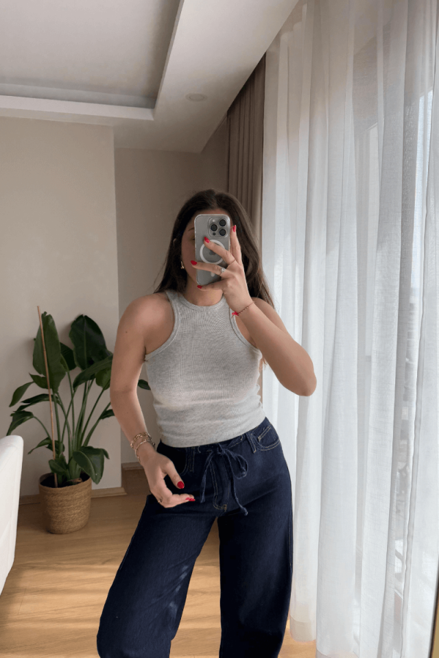 %100 Pamuk Gri Halter Yaka Fitilli Atlet