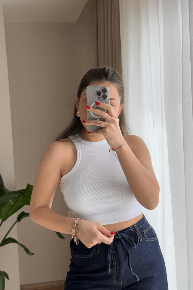 %100 Pamuk Beyaz Halter Yaka Fitilli Atlet