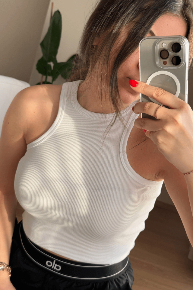 %100 Pamuk Beyaz Halter Yaka Fitilli Atlet