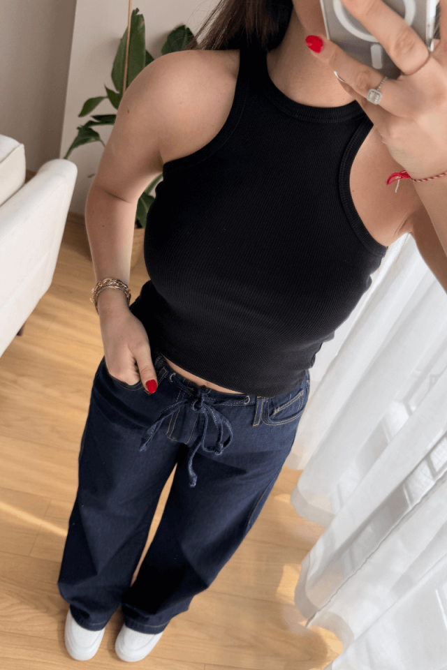 %100 Pamuk Siyah Halter Yaka Fitilli Atlet