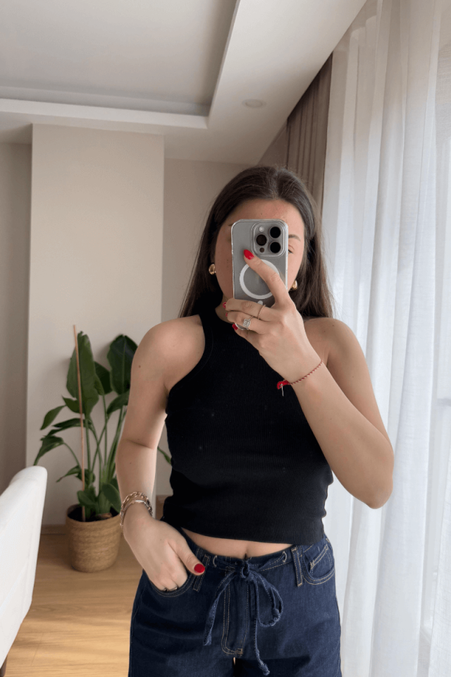 %100 Pamuk Siyah Halter Yaka Fitilli Atlet