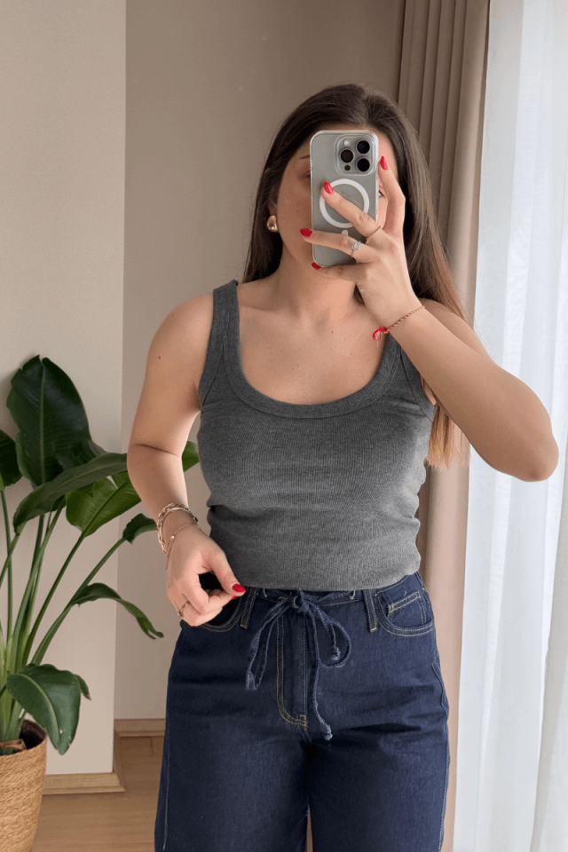 %95 Pamuk Massi Antrasit Oyuk Yaka Fitilli Atlet
