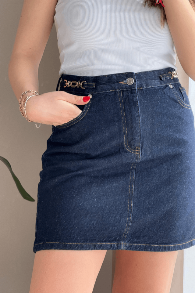 %100 Pamuk Koyu Mavi Gold Detaylı Kot Etek