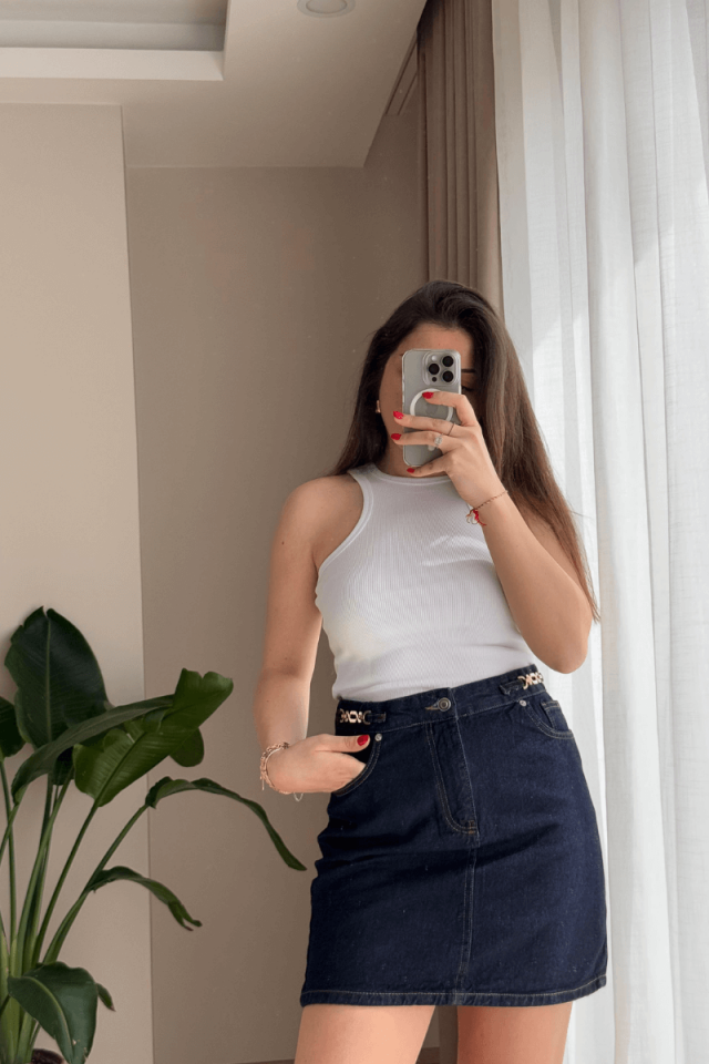 %100 Pamuk Koyu Mavi Gold Detaylı Kot Etek