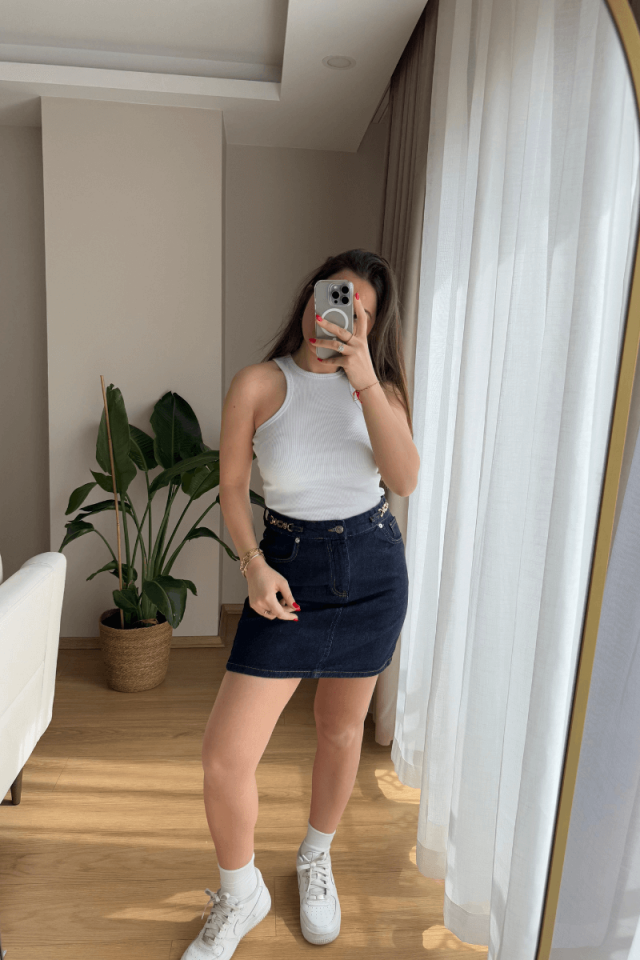 %100 Pamuk Koyu Mavi Gold Detaylı Kot Etek