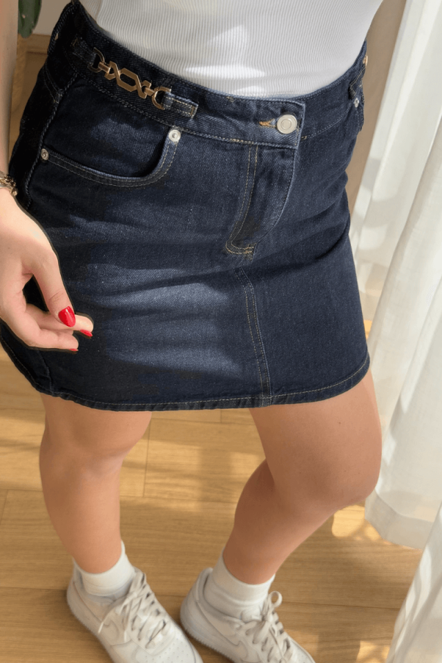 %100 Pamuk Koyu Mavi Gold Detaylı Kot Etek