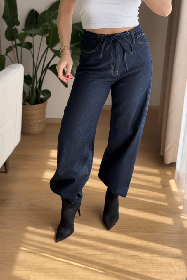 %100 Pamuk Arkası Lastikli Önü Bağcıklı Koyu Lacivert Jean