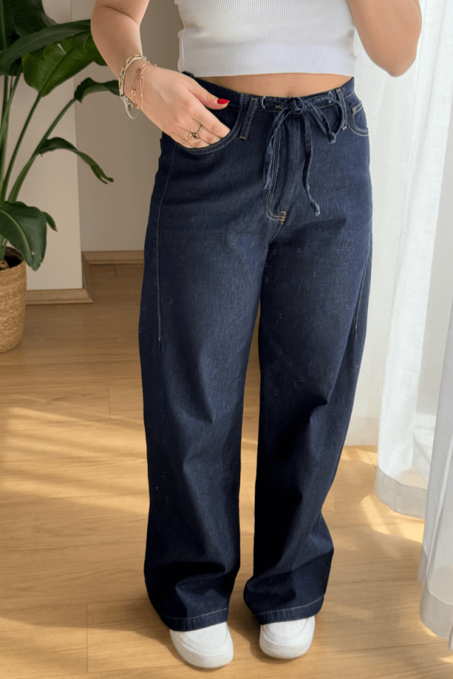 %100 Pamuk Arkası Lastikli Önü Bağcıklı Koyu Lacivert Jean