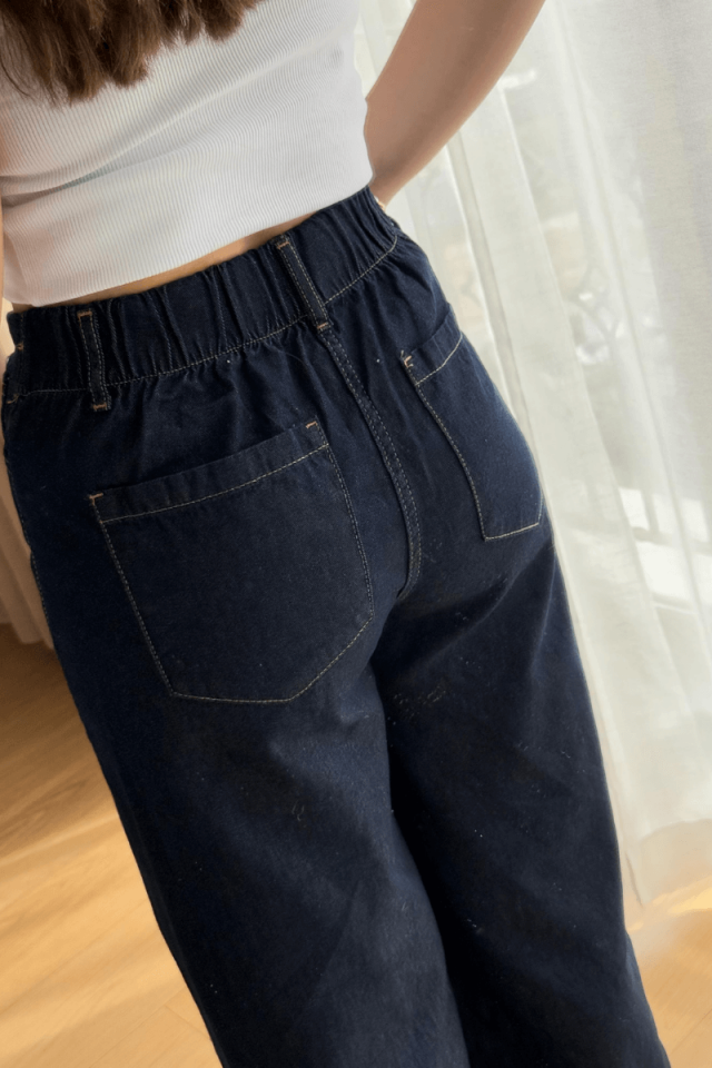 %100 Pamuk Arkası Lastikli Önü Bağcıklı Koyu Lacivert Jean