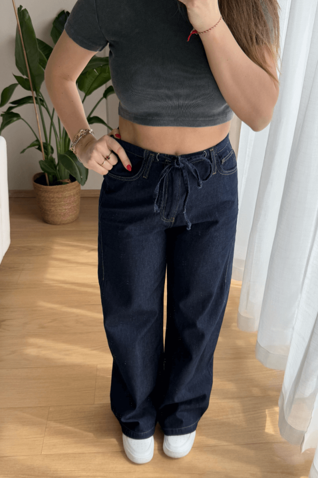 %100 Pamuk Arkası Lastikli Önü Bağcıklı Koyu Lacivert Jean