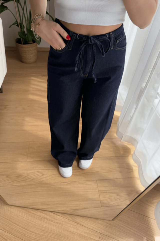 %100 Pamuk Arkası Lastikli Önü Bağcıklı Koyu Lacivert Jean