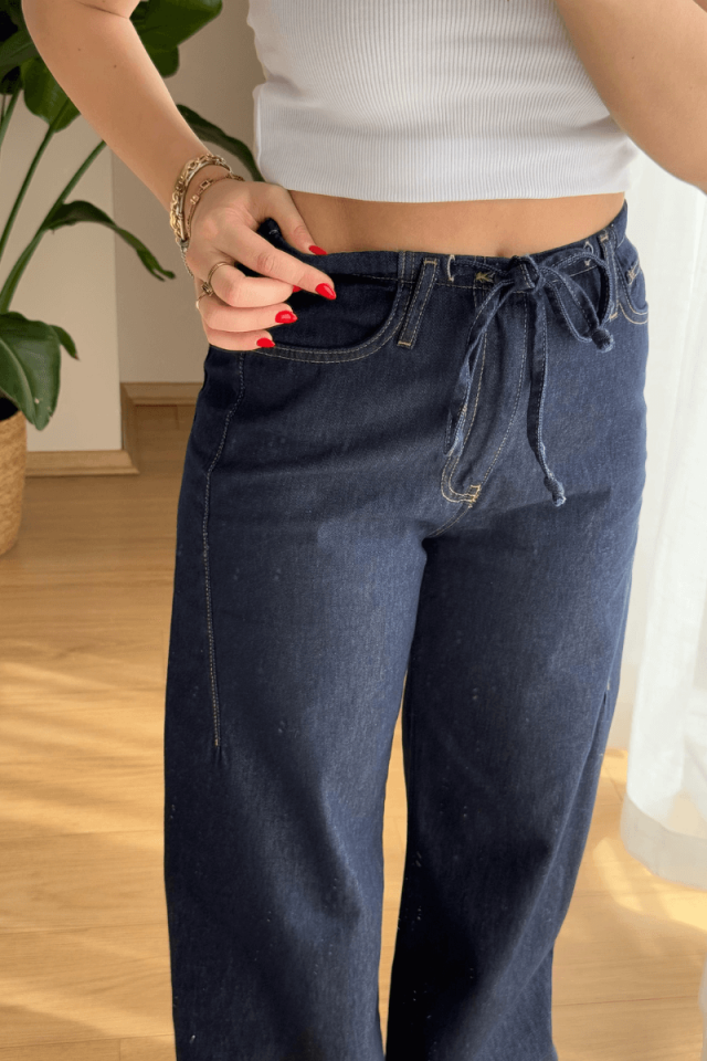 %100 Pamuk Arkası Lastikli Önü Bağcıklı Koyu Lacivert Jean