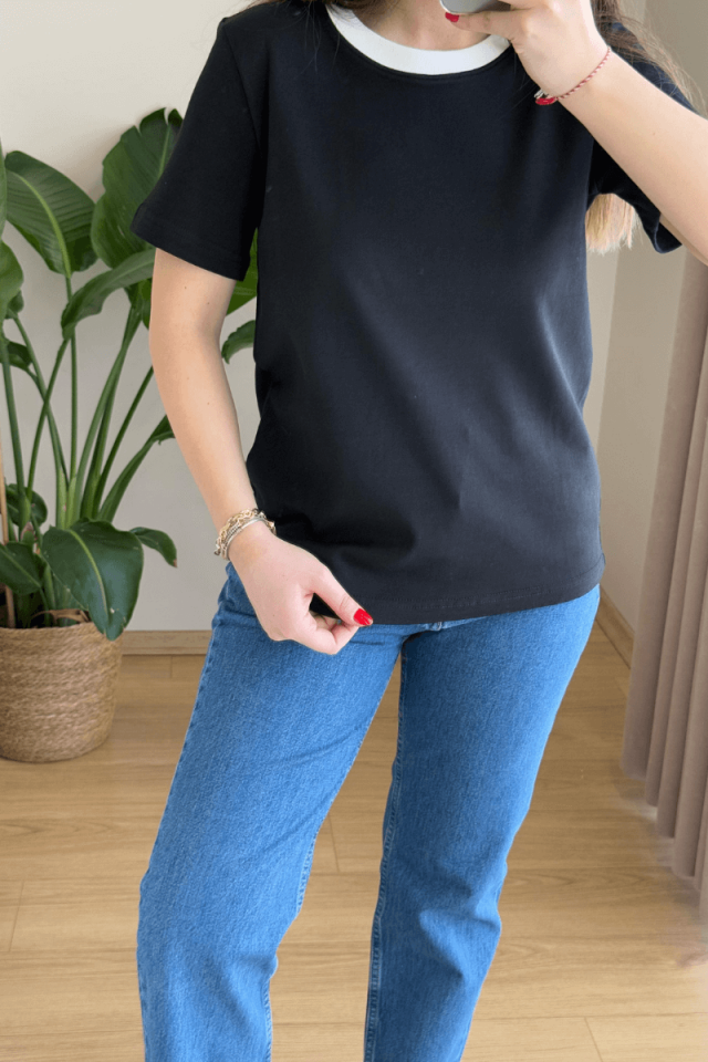 Siyah Marka Model Bisiklet Yaka Tişört