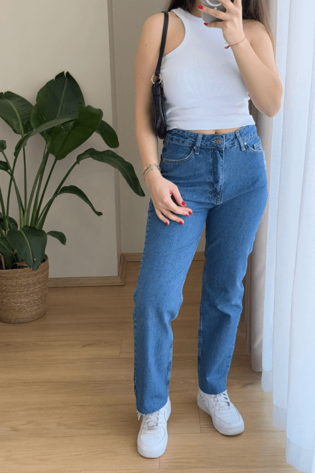 %100 Pamuk Yüksek Bel Jean