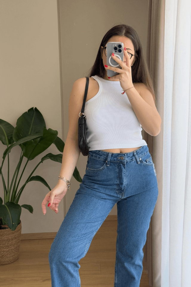 %100 Pamuk Yüksek Bel Jean