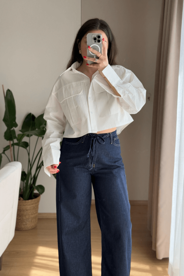 %100 Pamuk Ekru İki Cepli Crop Gömlek