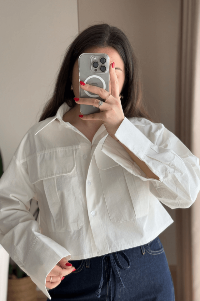 %100 Pamuk Ekru İki Cepli Crop Gömlek