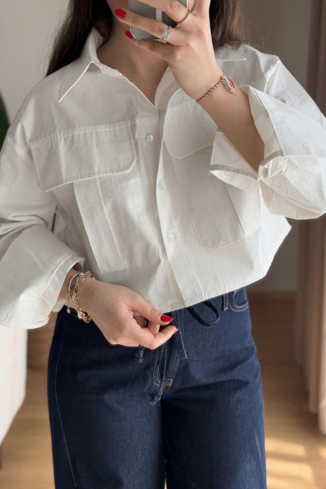 %100 Pamuk Ekru İki Cepli Crop Gömlek