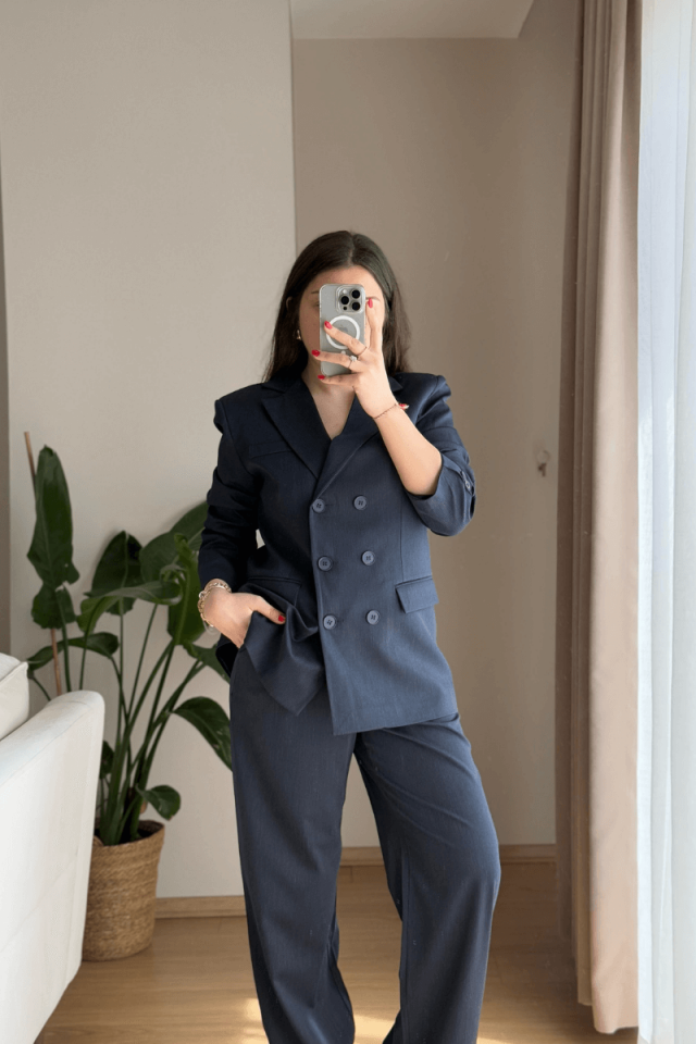 Lacivert İnce Çizgili Blazer-Pantolon Takım