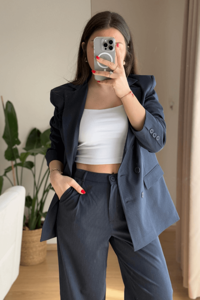 Lacivert İnce Çizgili Blazer-Pantolon Takım