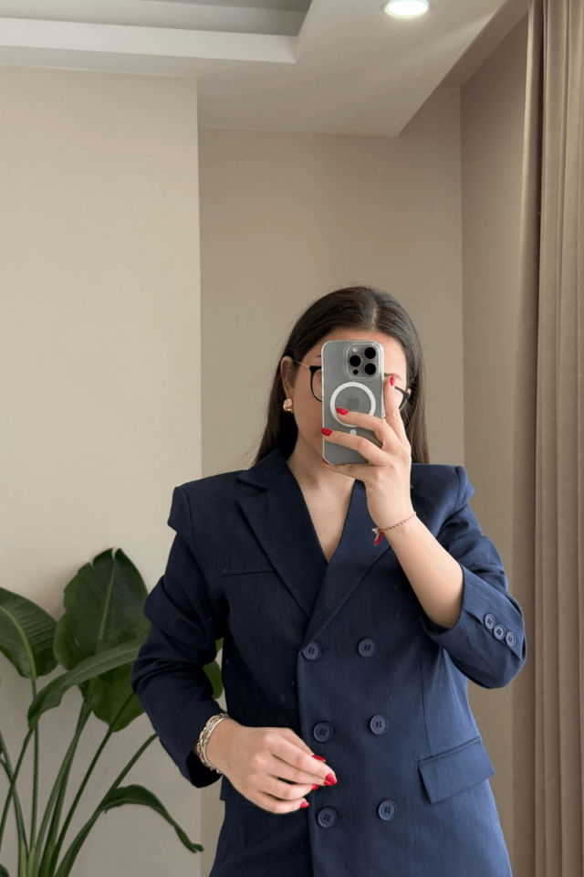 Lacivert İnce Çizgili Blazer-Pantolon Takım