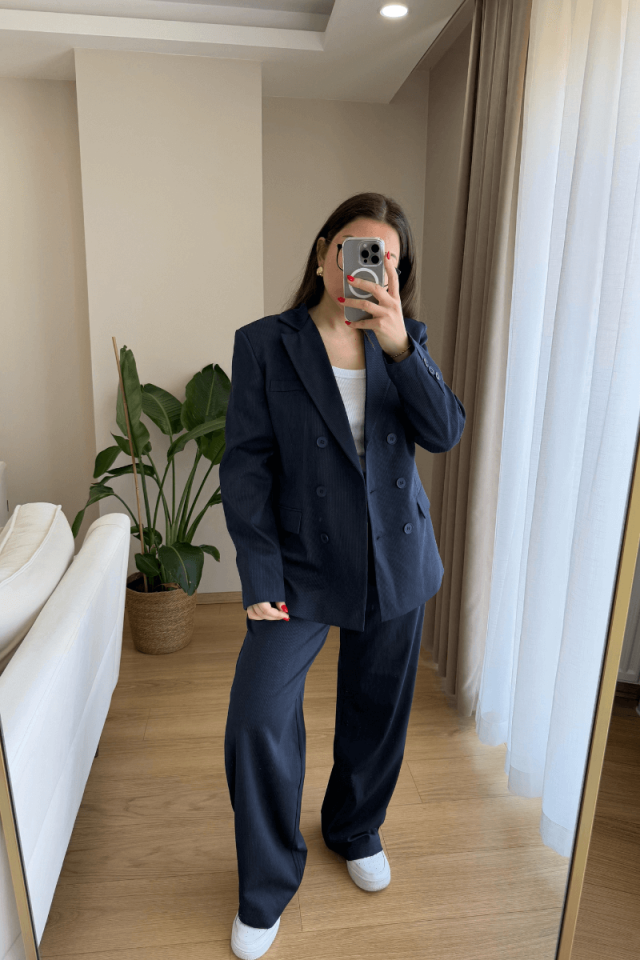 Lacivert İnce Çizgili Blazer-Pantolon Takım