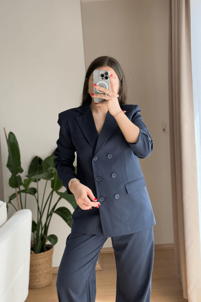 Lacivert İnce Çizgili Blazer-Pantolon Takım