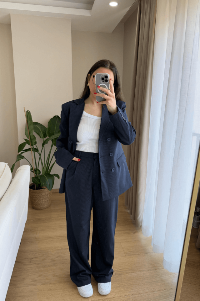 Lacivert İnce Çizgili Blazer-Pantolon Takım