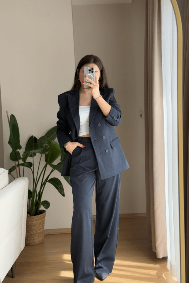 Lacivert İnce Çizgili Blazer-Pantolon Takım