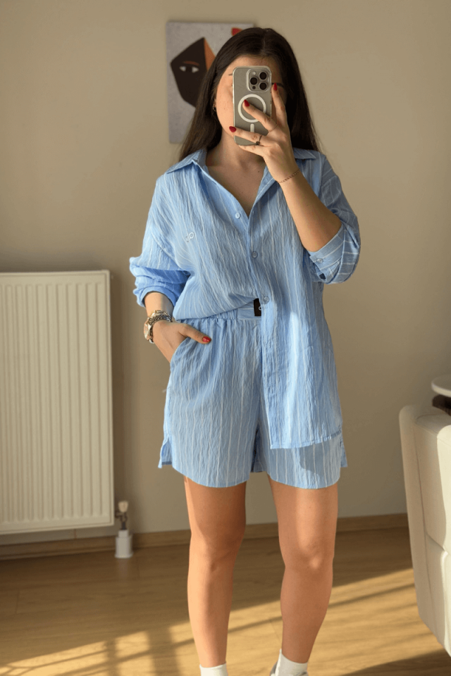 Bebe Mavisi Şort Gömlek Takım