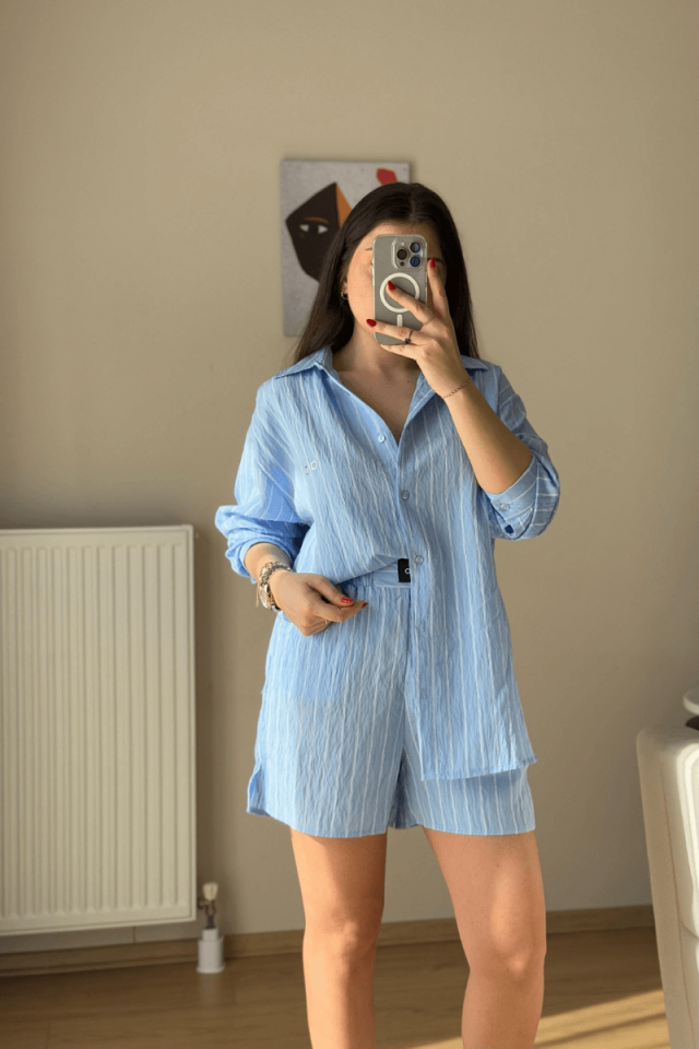 Bebe Mavisi Şort Gömlek Takım