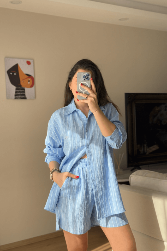 Bebe Mavisi Şort Gömlek Takım