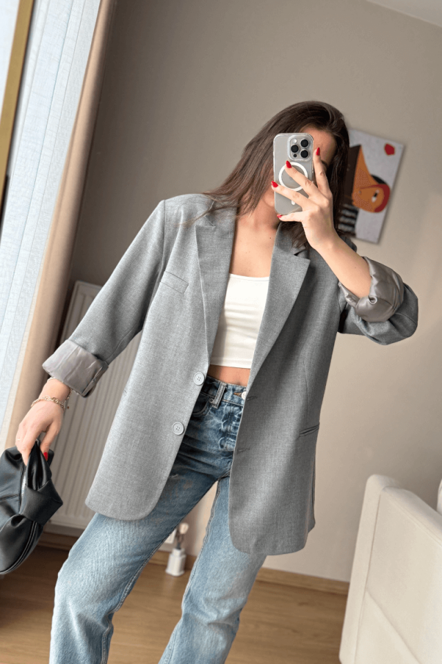Gri Oversize Blazer Ceket