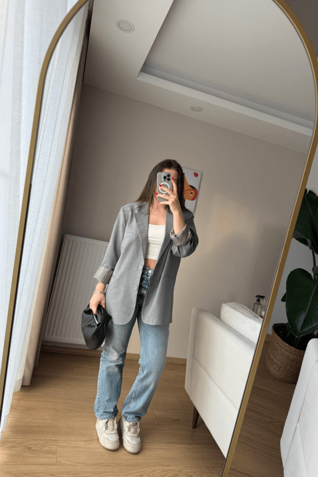 Gri Oversize Blazer Ceket