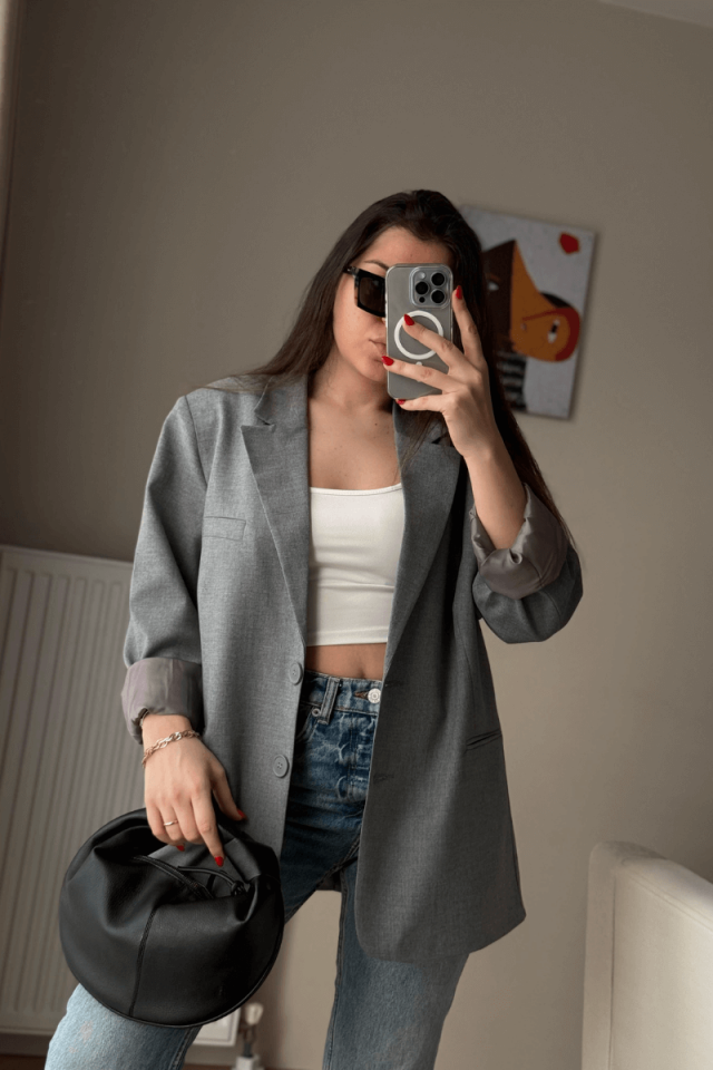 Gri Oversize Blazer Ceket