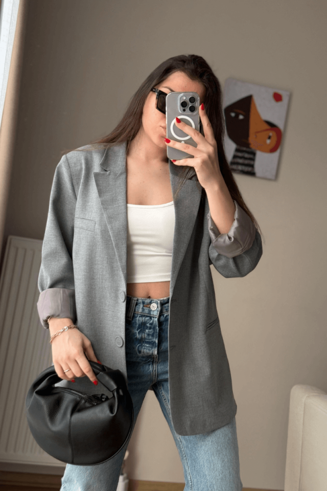 Gri Oversize Blazer Ceket