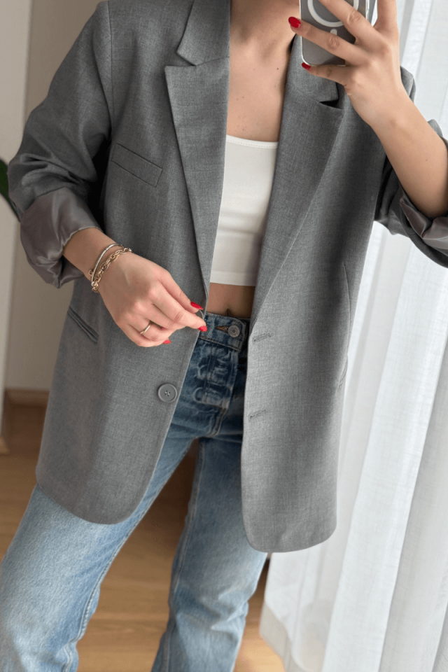 Gri Oversize Blazer Ceket