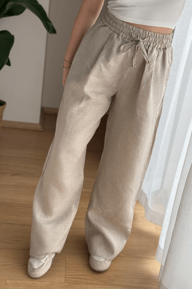 Taş Rengi Beli Lastikli %100 Keten Pantolon