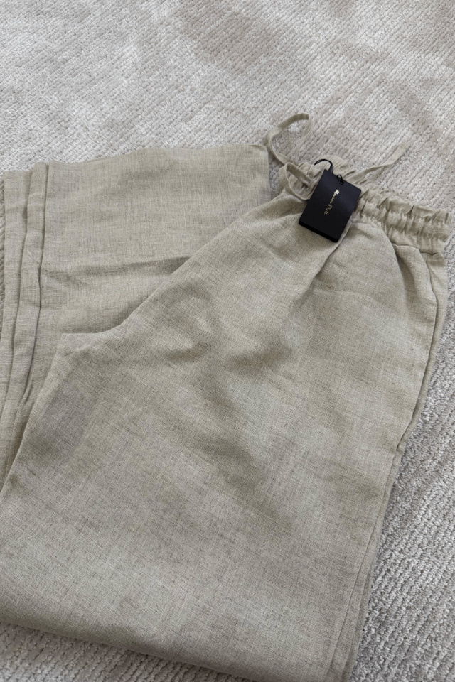 Taş Rengi Beli Lastikli %100 Keten Pantolon