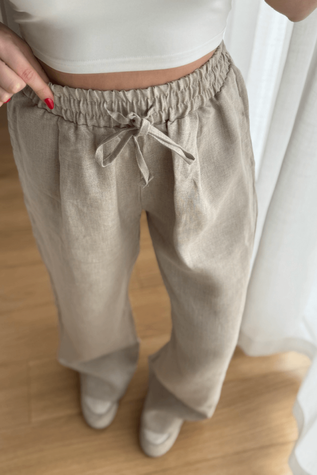 Taş Rengi Beli Lastikli %100 Keten Pantolon