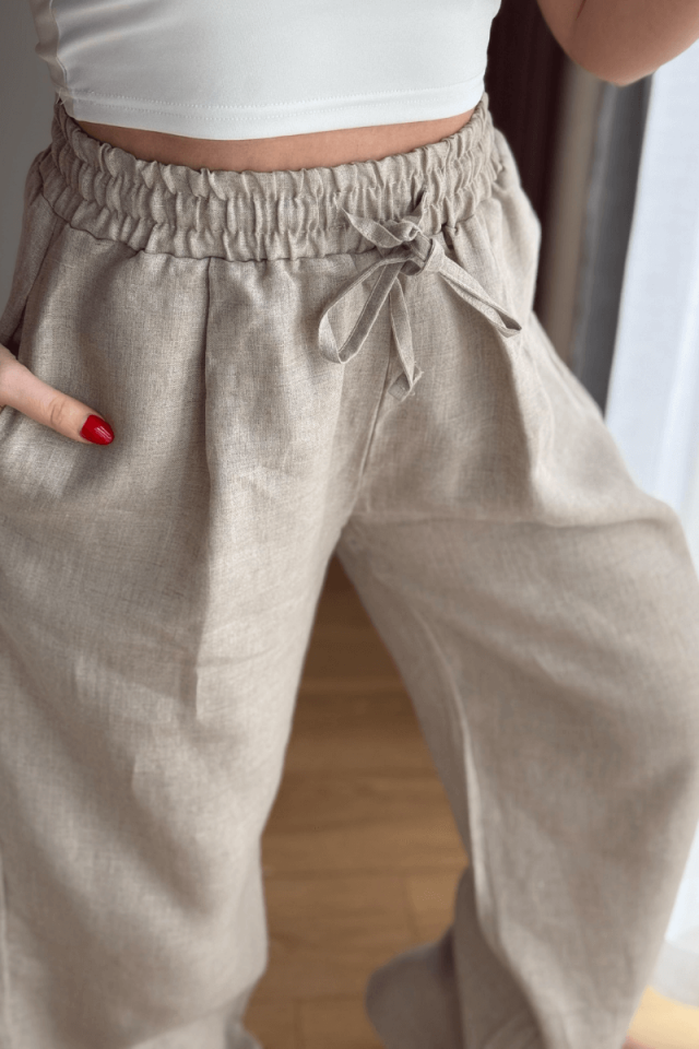 Taş Rengi Beli Lastikli %100 Keten Pantolon