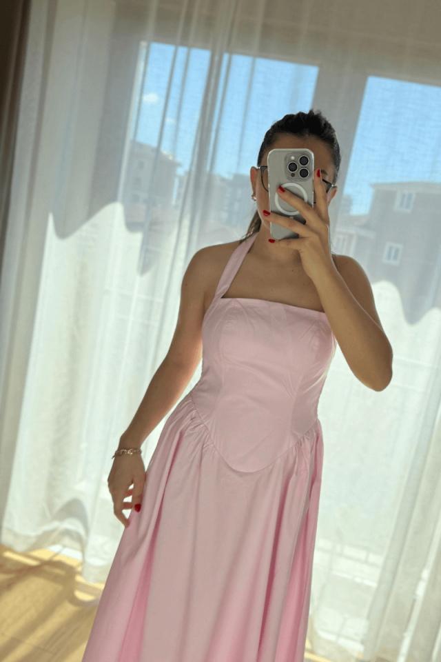 Pembe Boyundan Askılı Elbise