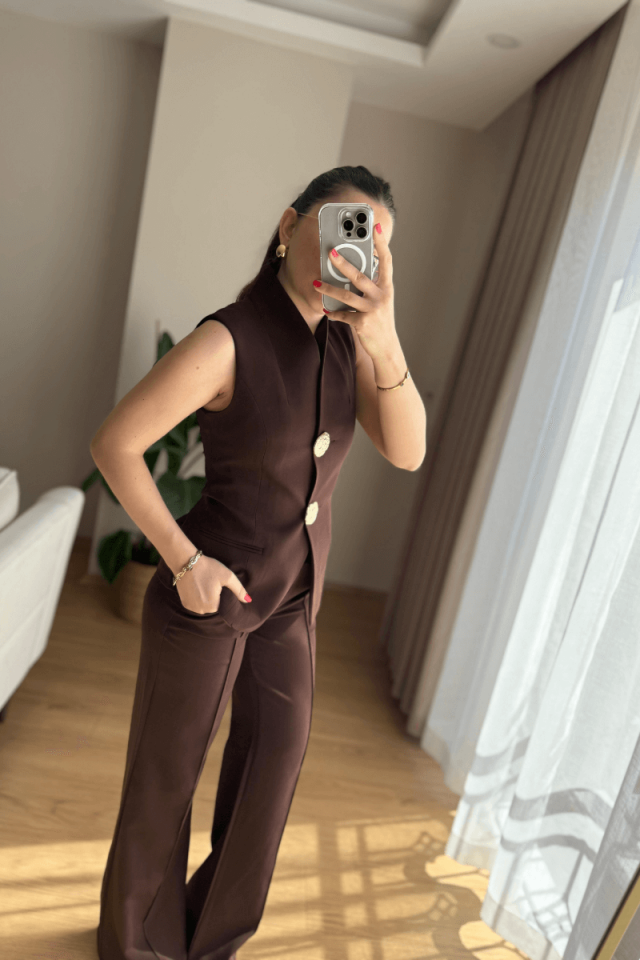 Acı Kahve Gold Düğmeli Yelek Pantolon Takım