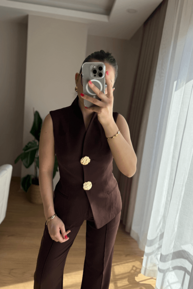 Acı Kahve Gold Düğmeli Yelek Pantolon Takım
