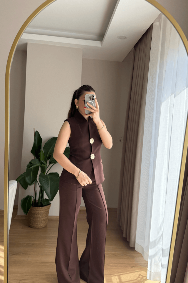Acı Kahve Gold Düğmeli Yelek Pantolon Takım